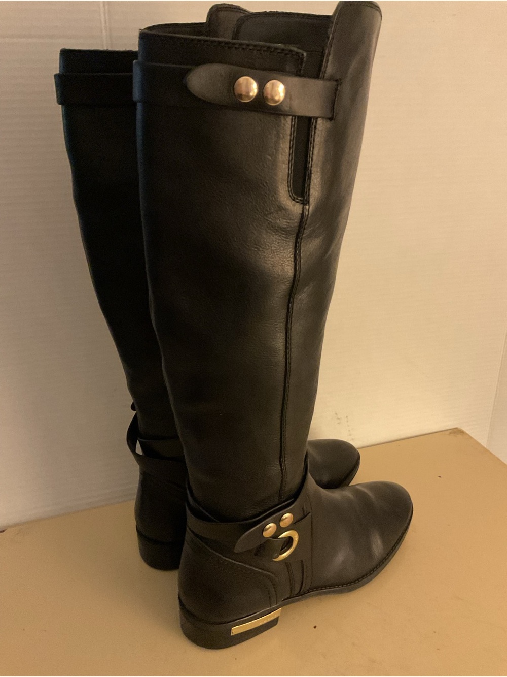Vince Camuto Black Leather tall knee high riding boots with Gold Hardware US 9 - Picture 8 of 11